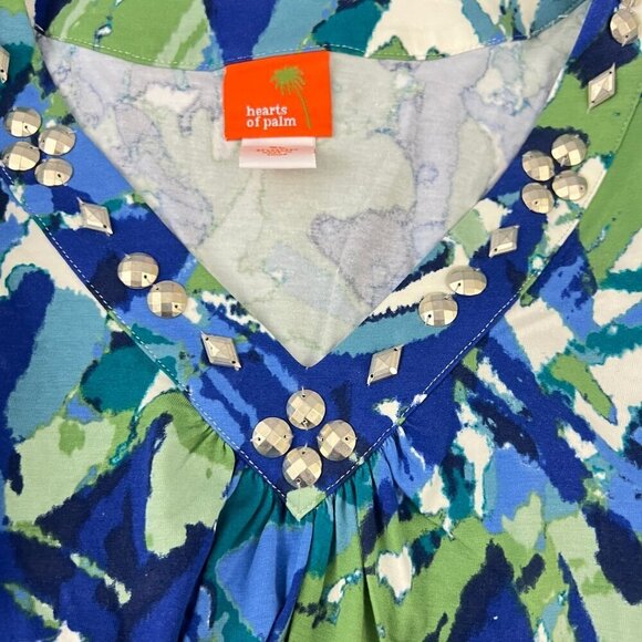 Hearts Of Palm Womens XL Blue Green Abstract V-Neck 3/4 Sleeve Top With Sequins - Picture 3 of 7